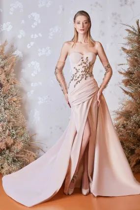 Strapless Draped Fitted Dress with Train