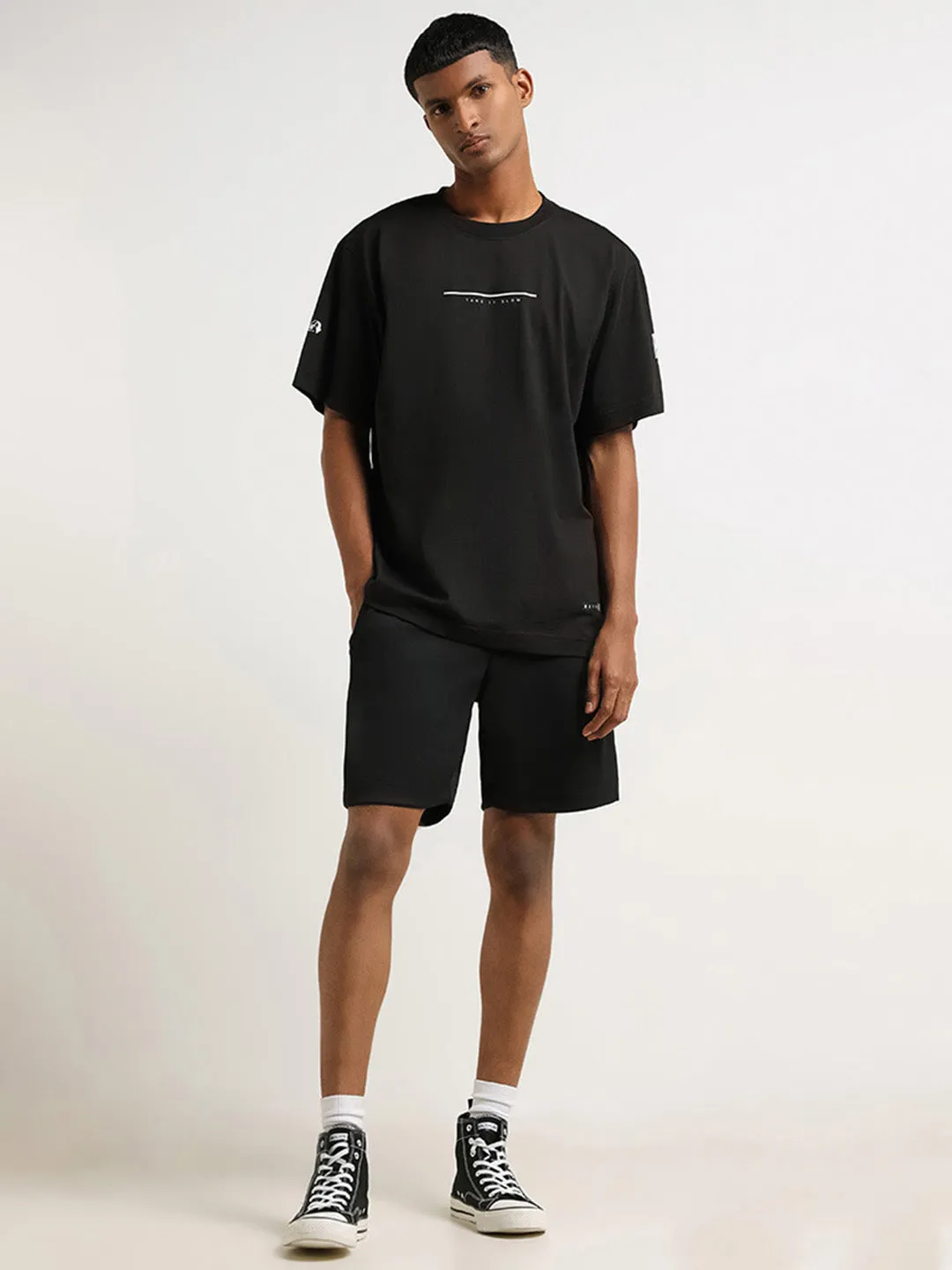 Studiofit Black Self Patterned Cotton-Blend Relaxed Fit Shorts