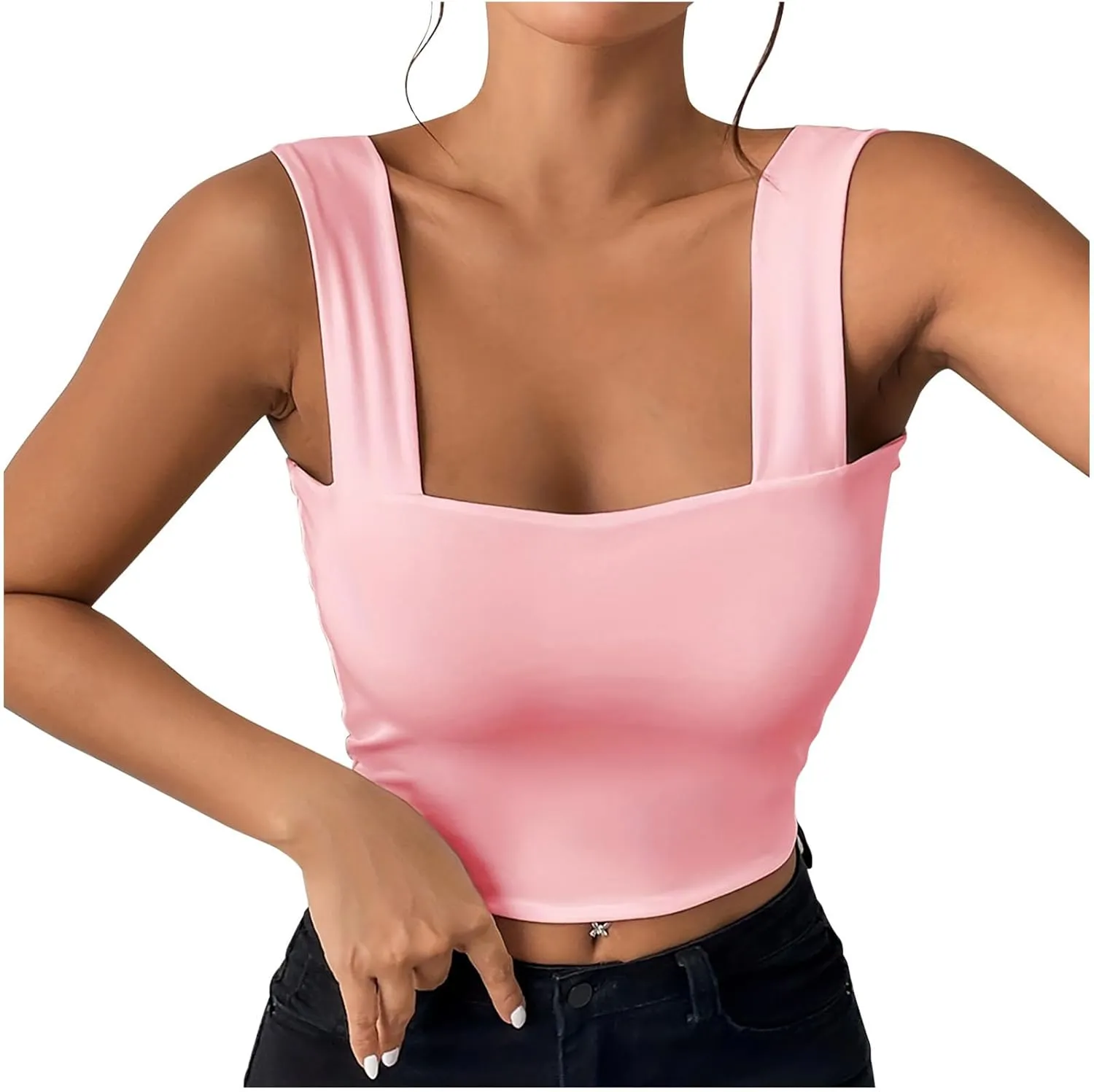 Summer Strappy Crop Tank Tops for Women, Solid Color Sleeveless Slim Fit Trendy Shirts Cute Basic Square Neck Clothes