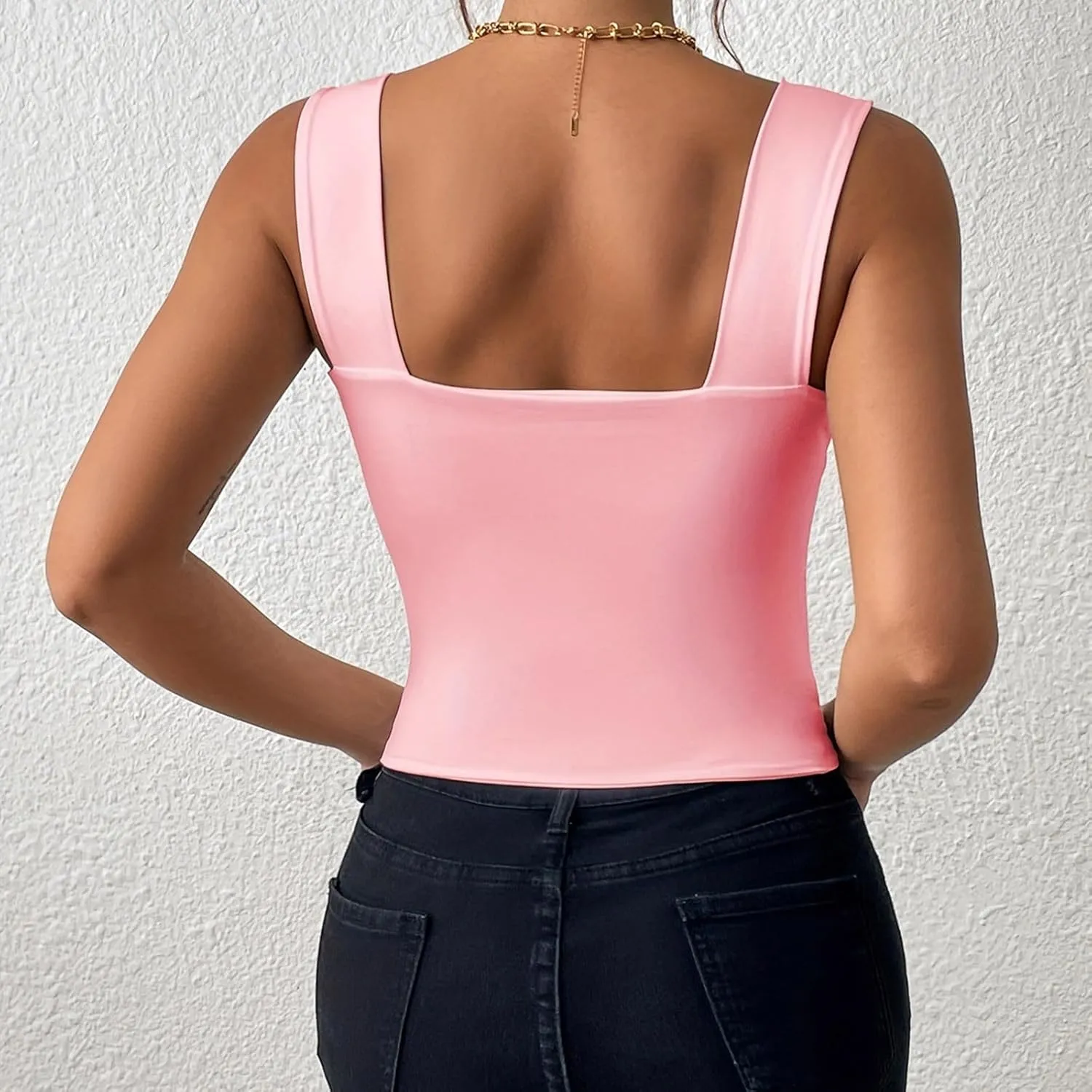 Summer Strappy Crop Tank Tops for Women, Solid Color Sleeveless Slim Fit Trendy Shirts Cute Basic Square Neck Clothes