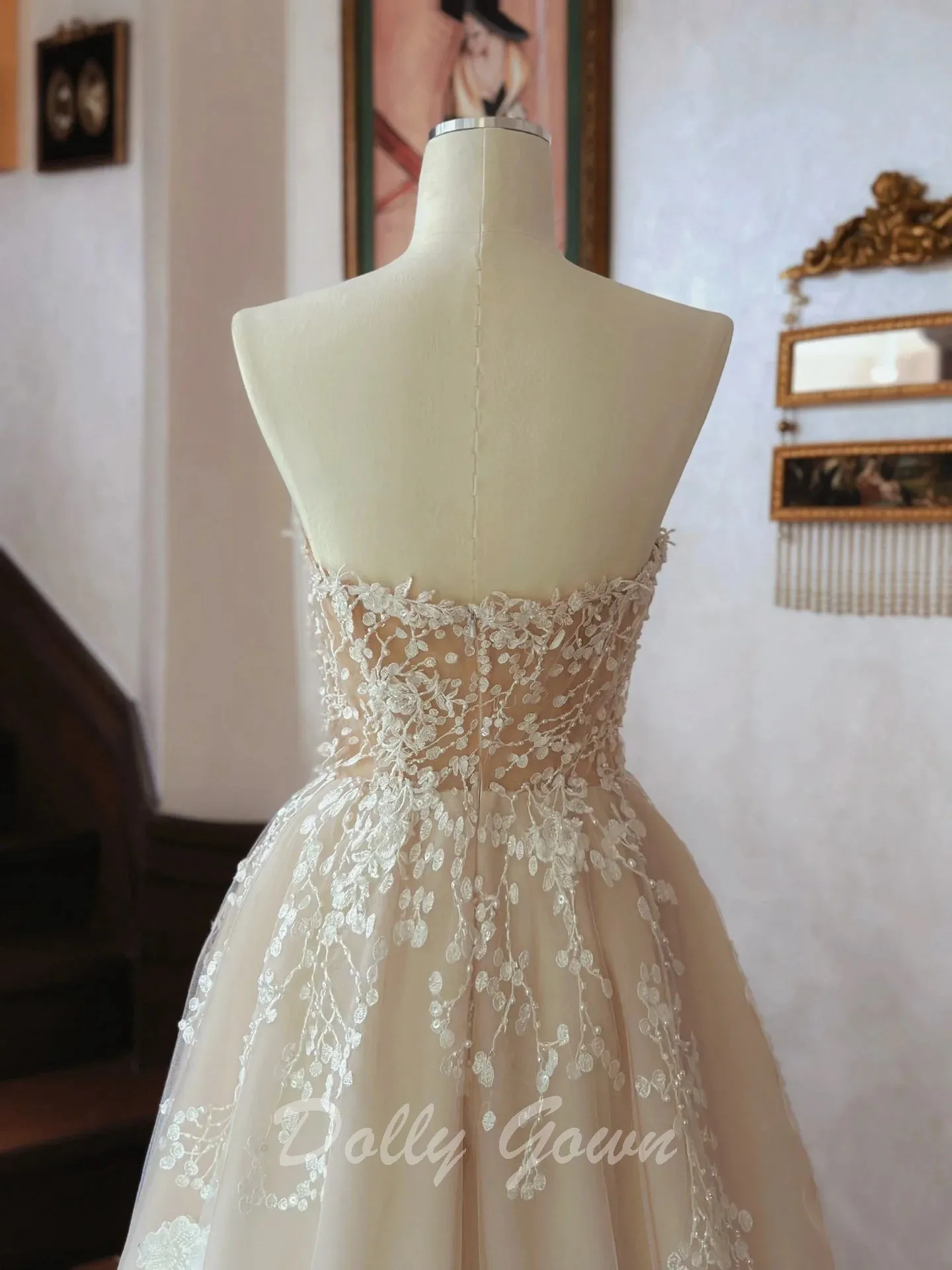 Sweet Floral Lace Strapless A-line Sheer Champagne Wedding Dress
