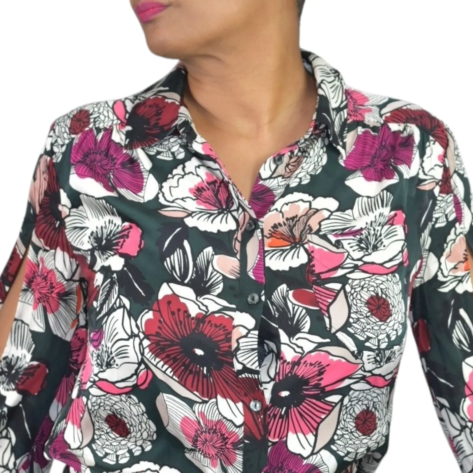 Trina Turk Acacia Floral Silk Top Pink Open Slit Sleeve Button Front Blouse Size Small