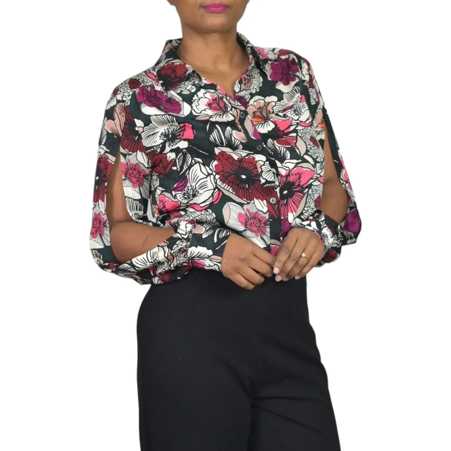 Trina Turk Acacia Floral Silk Top Pink Open Slit Sleeve Button Front Blouse Size Small