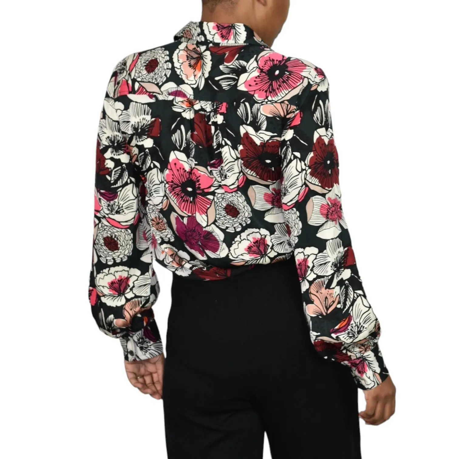Trina Turk Acacia Floral Silk Top Pink Open Slit Sleeve Button Front Blouse Size Small