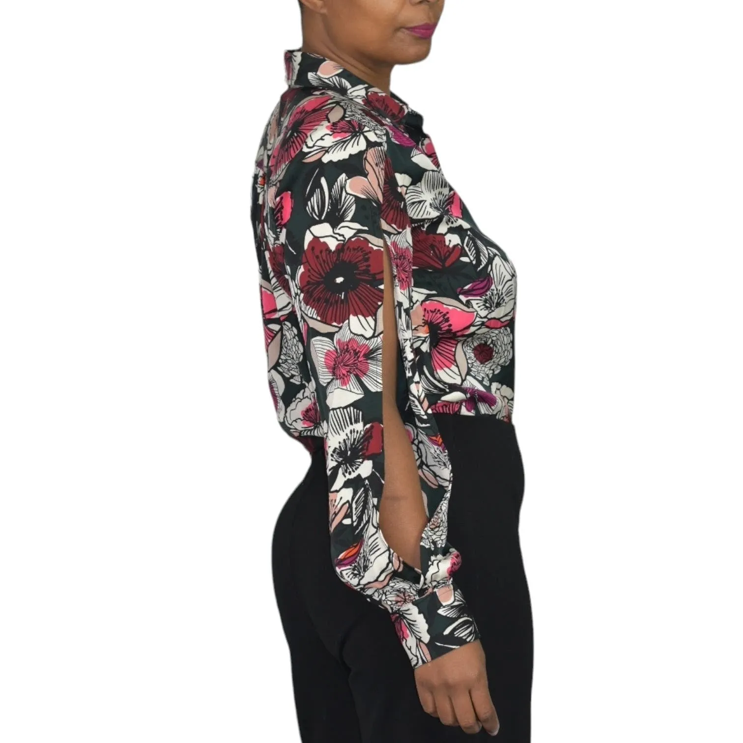 Trina Turk Acacia Floral Silk Top Pink Open Slit Sleeve Button Front Blouse Size Small