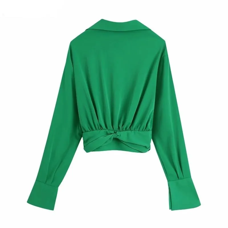 Turn Down Collar Knotted Green Color Short Blouse Long Sleeve Slim Shirt Chic Crop Tops