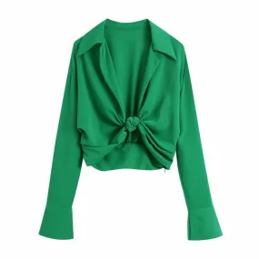Turn Down Collar Knotted Green Color Short Blouse Long Sleeve Slim Shirt Chic Crop Tops