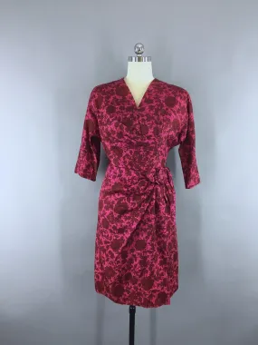 Vintage 1950s Day Dress / Pink & Red Floral Print