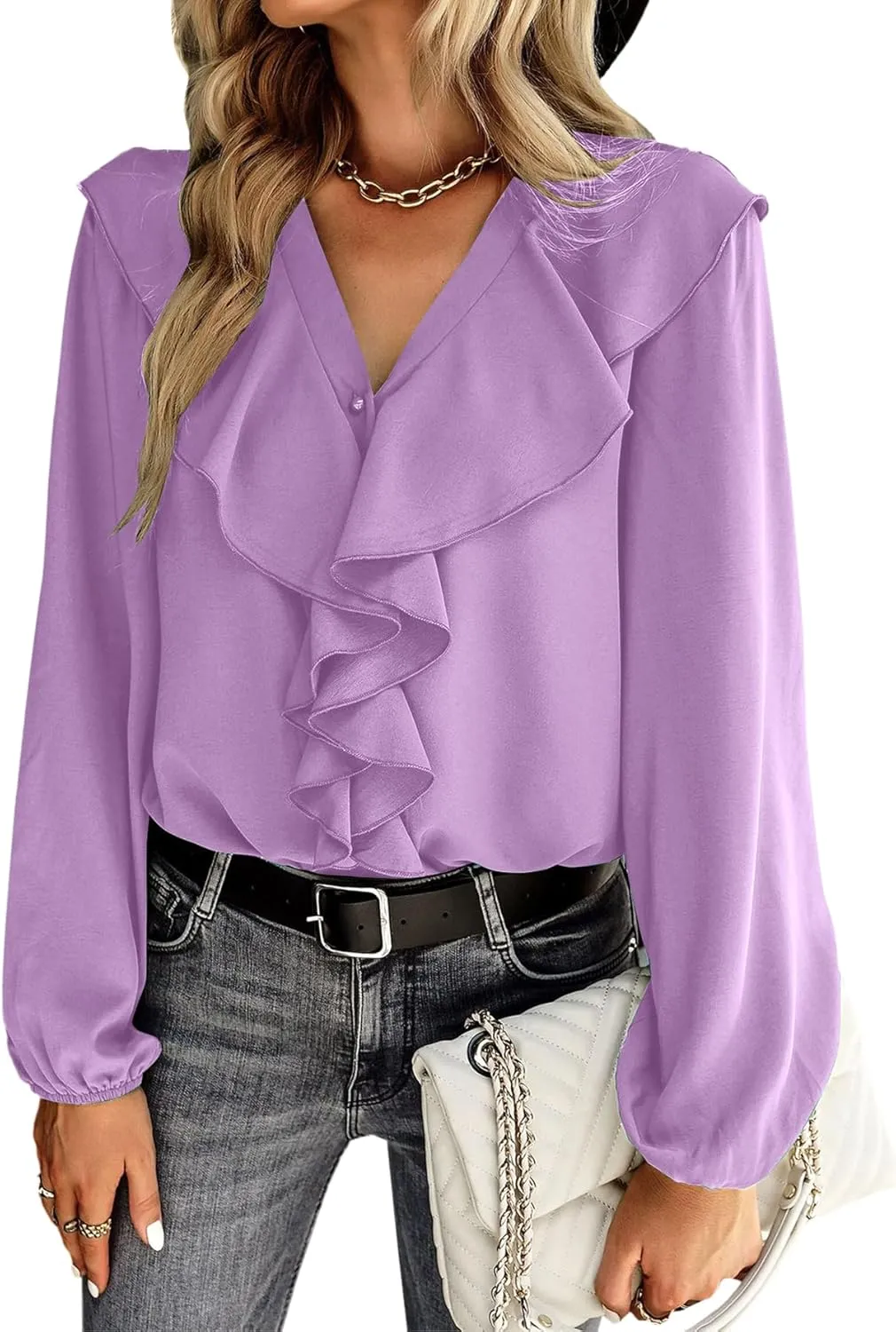 Vrtige Women's V Neck Ruffle Front Button Down Long Sleeve Blouse Top Shirt