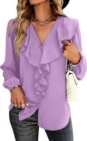 Vrtige Women's V Neck Ruffle Front Button Down Long Sleeve Blouse Top Shirt
