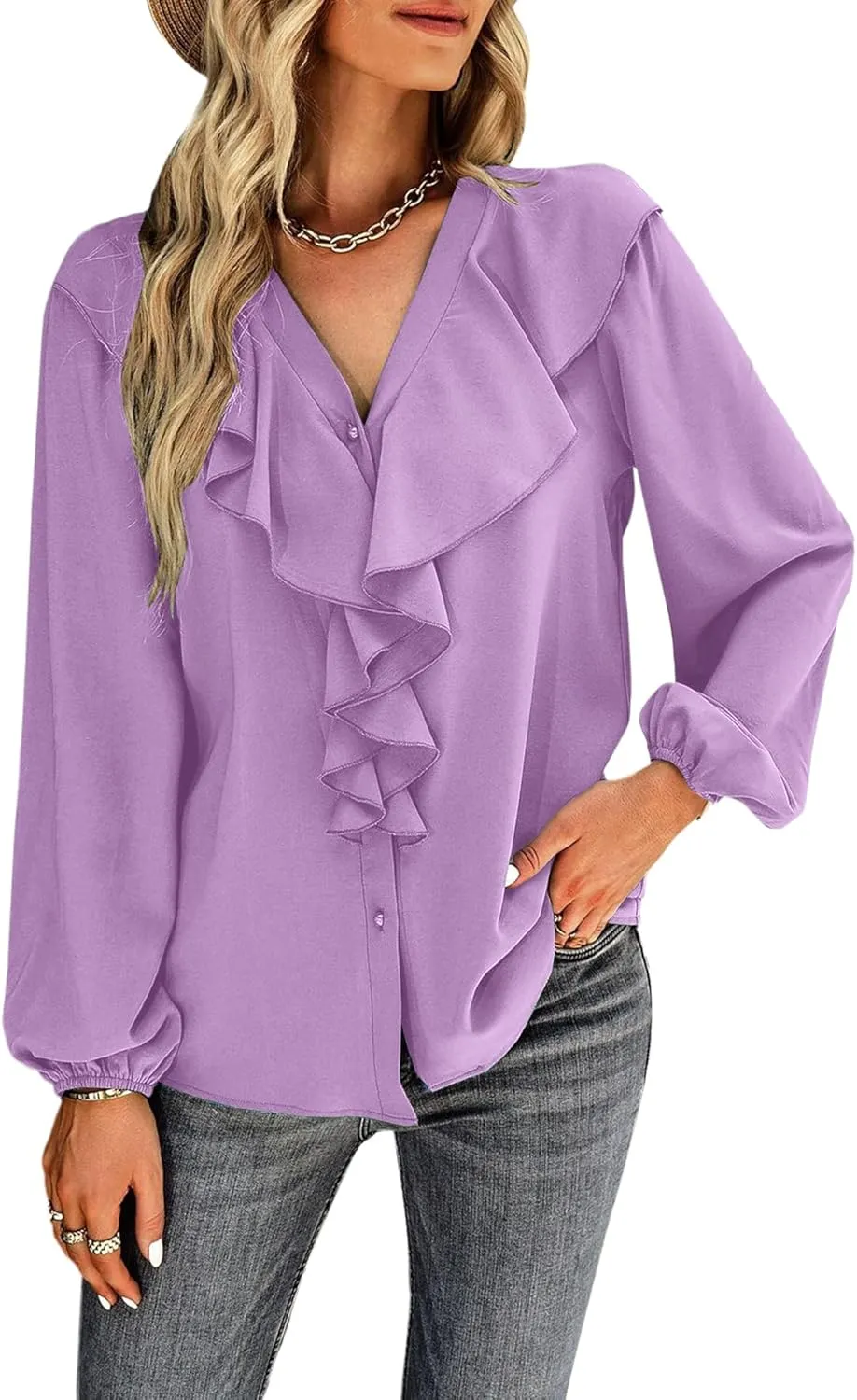 Vrtige Women's V Neck Ruffle Front Button Down Long Sleeve Blouse Top Shirt