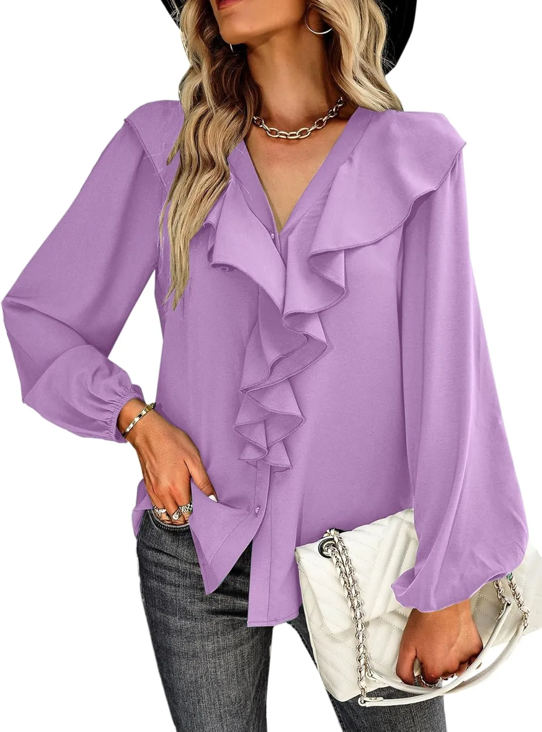 Vrtige Women's V Neck Ruffle Front Button Down Long Sleeve Blouse Top Shirt