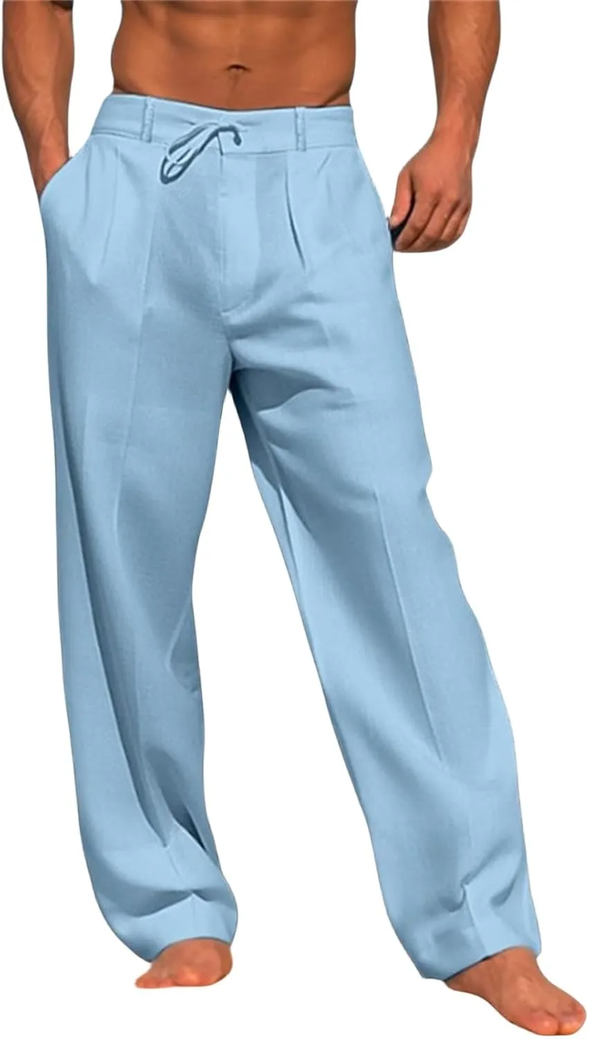Wankang Men's Cotton Linen Pants Summer Casual Lightweight Relaxed Fit Drawstring Trousers Breathable Beach Pants for Men