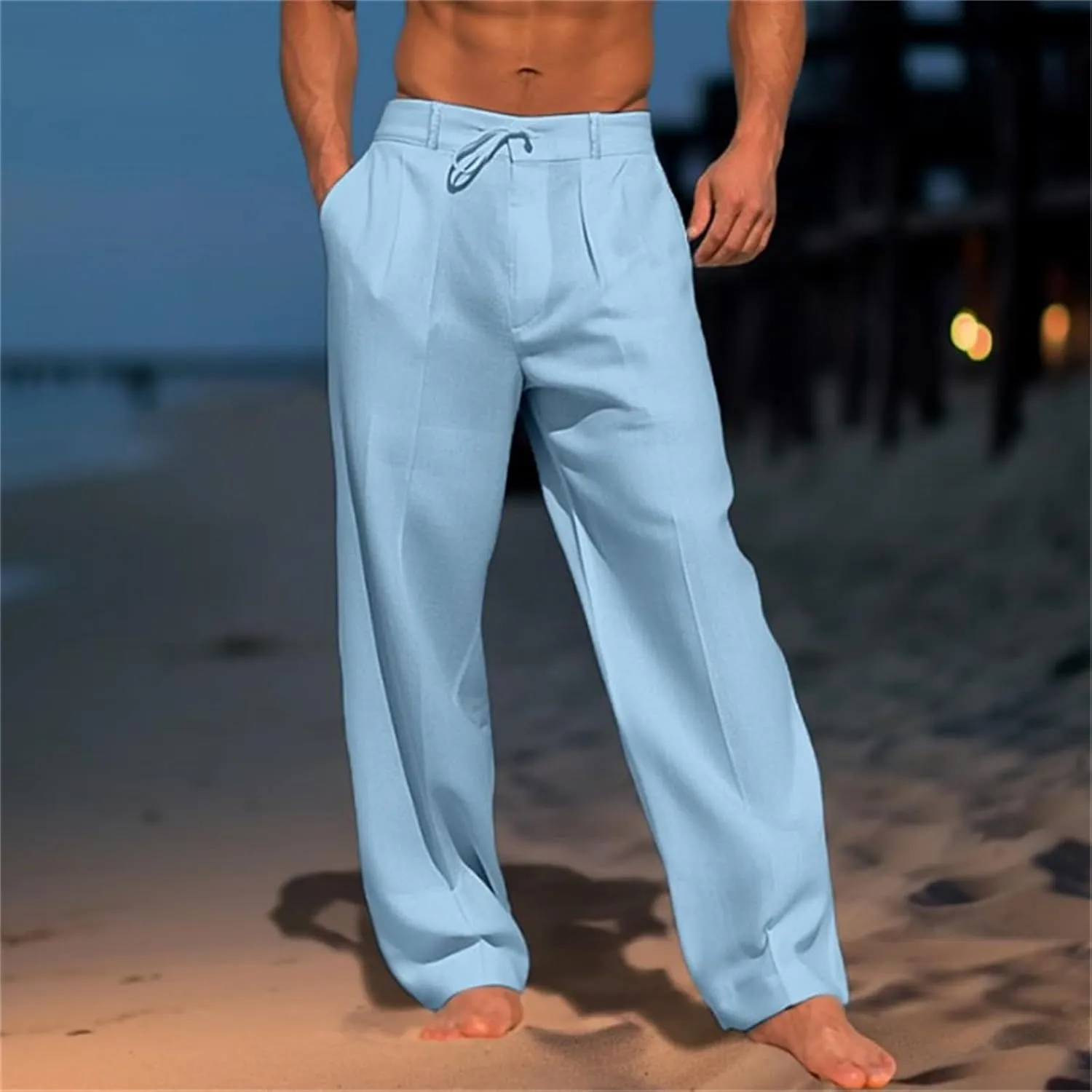 Wankang Men's Cotton Linen Pants Summer Casual Lightweight Relaxed Fit Drawstring Trousers Breathable Beach Pants for Men
