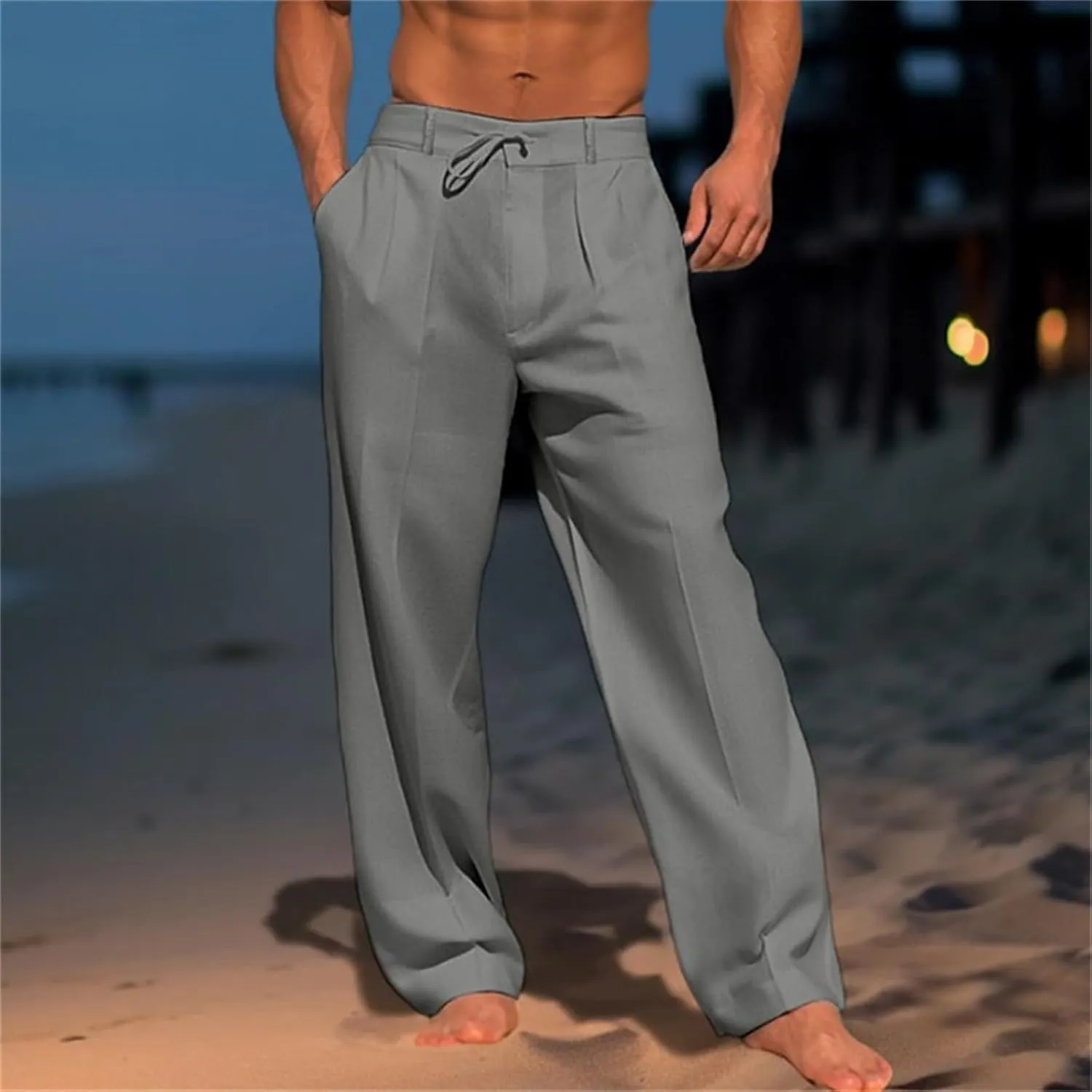 Wankang Men's Cotton Linen Pants Summer Casual Lightweight Relaxed Fit Drawstring Trousers Breathable Beach Pants for Men