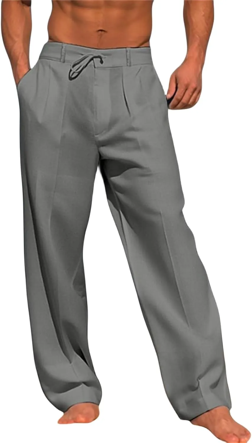 Wankang Men's Cotton Linen Pants Summer Casual Lightweight Relaxed Fit Drawstring Trousers Breathable Beach Pants for Men