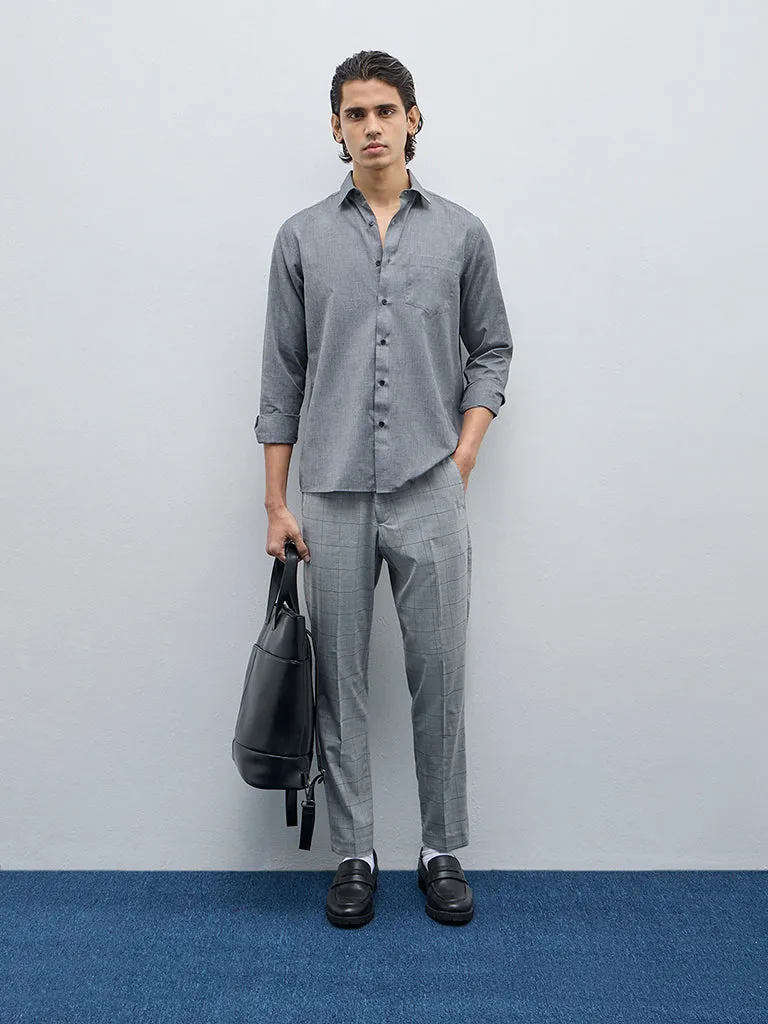 WES Formals Grey Checks Slim-Tapered Fit Mid-Rise Trousers