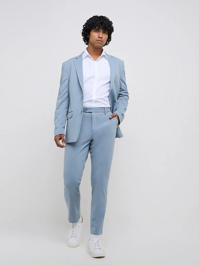 WES Formals Light Blue Slim-Tapered Mid-Rise Trousers