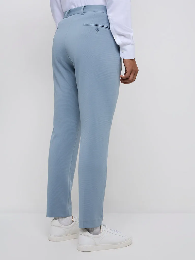 WES Formals Light Blue Slim-Tapered Mid-Rise Trousers