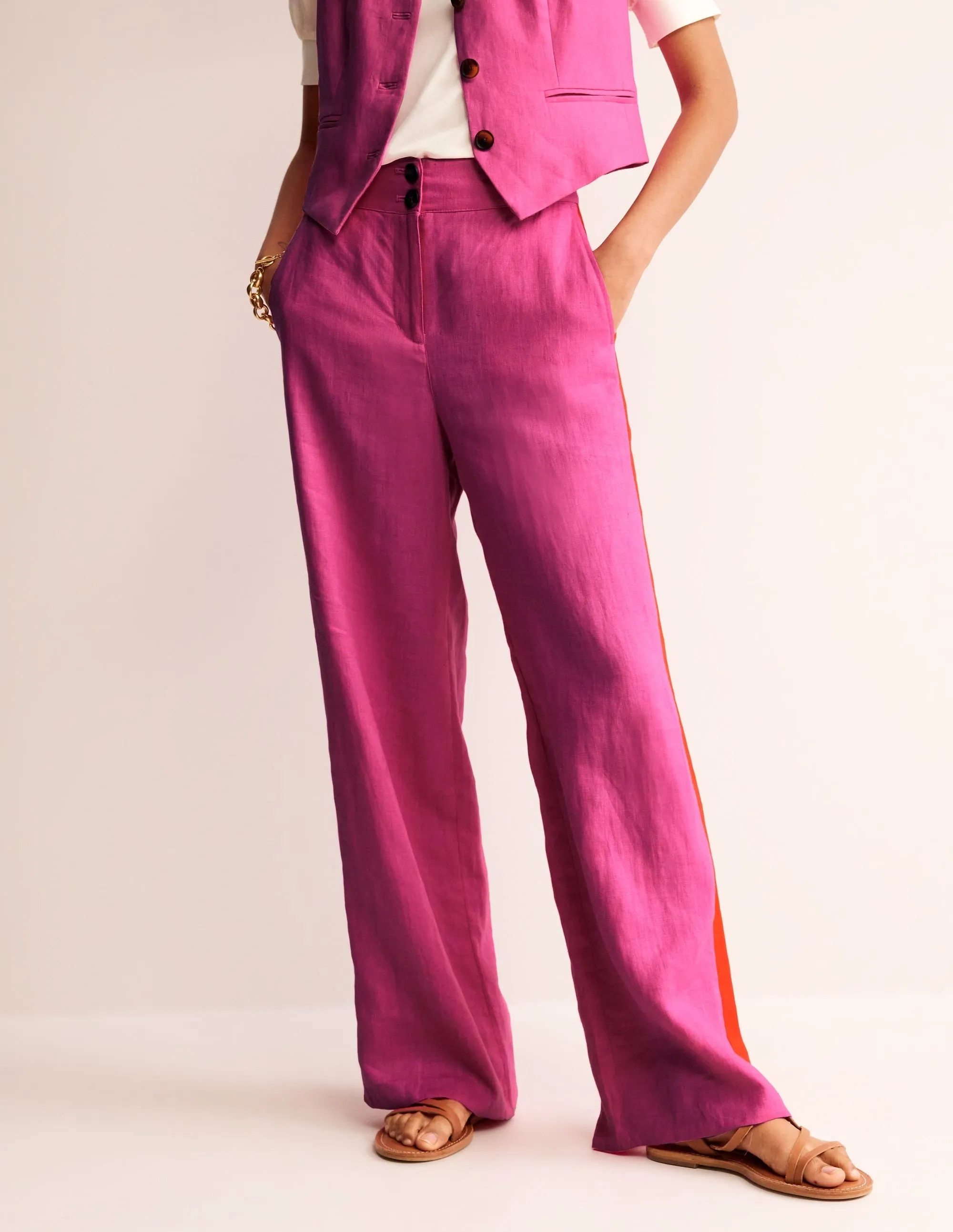 Westbourne Linen Trousers-Pop Pansy, Red Side Stripe