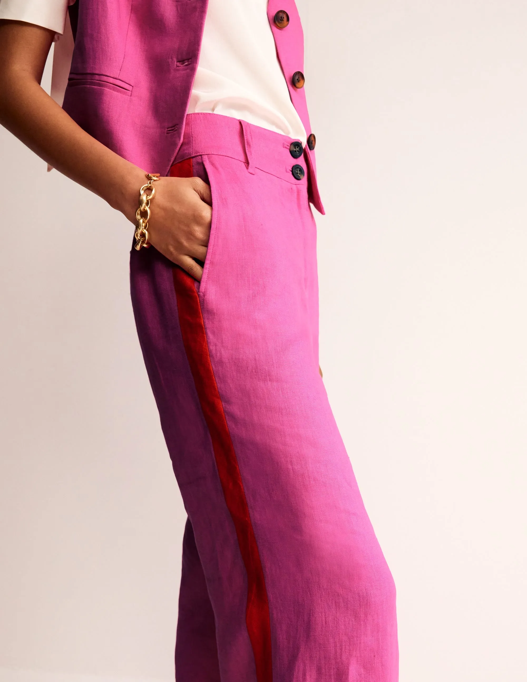 Westbourne Linen Trousers-Pop Pansy, Red Side Stripe