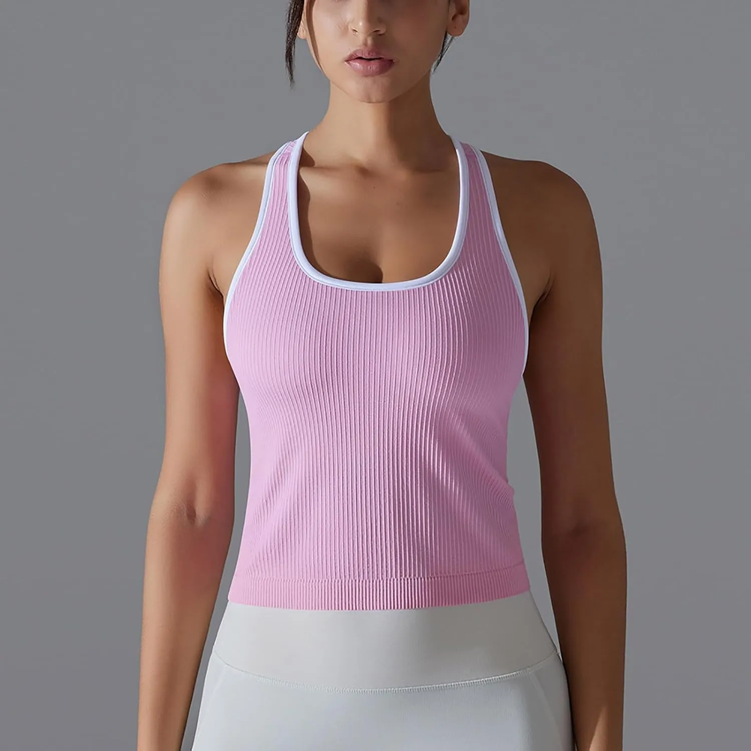Women Athletic Workout Racerback Shirts, Summer Sleeveless Running Training Tank Tops Elastic Ribbed Slim Fit Clothes