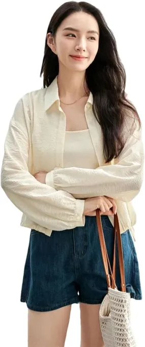 Women Solid Loose Fit Shirt Casual Turn Down Collar Long Sleeve Buttons Chic Short Style Top