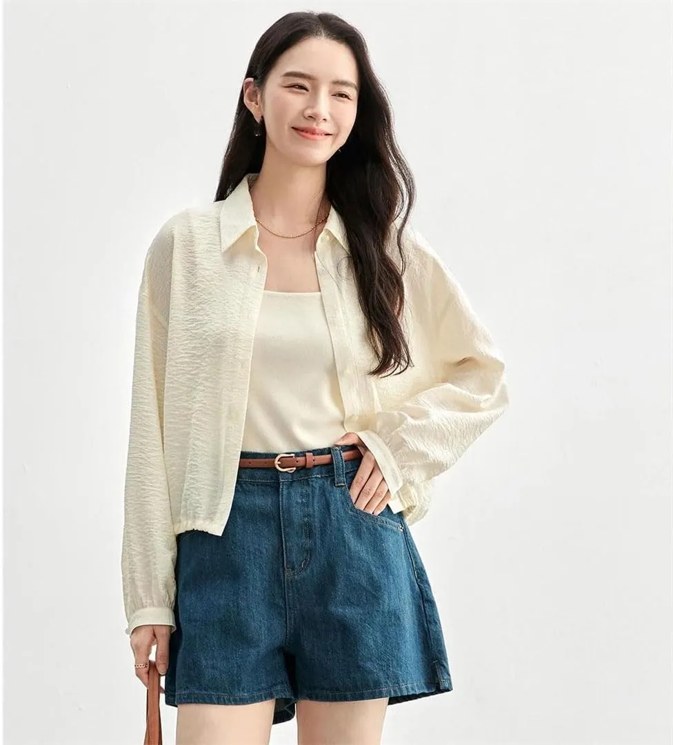 Women Solid Loose Fit Shirt Casual Turn Down Collar Long Sleeve Buttons Chic Short Style Top