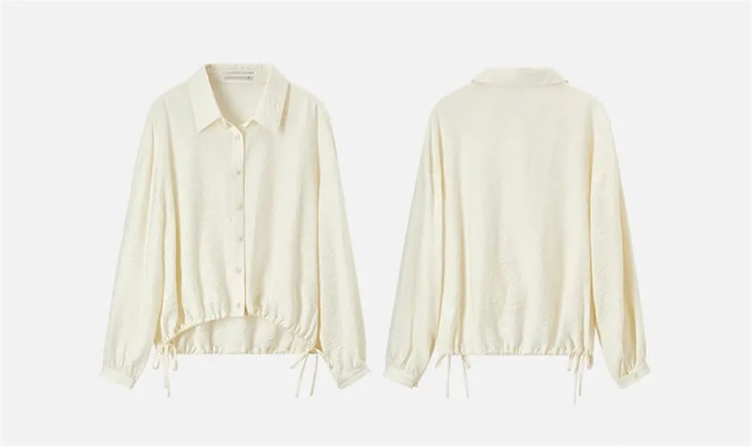 Women Solid Loose Fit Shirt Casual Turn Down Collar Long Sleeve Buttons Chic Short Style Top