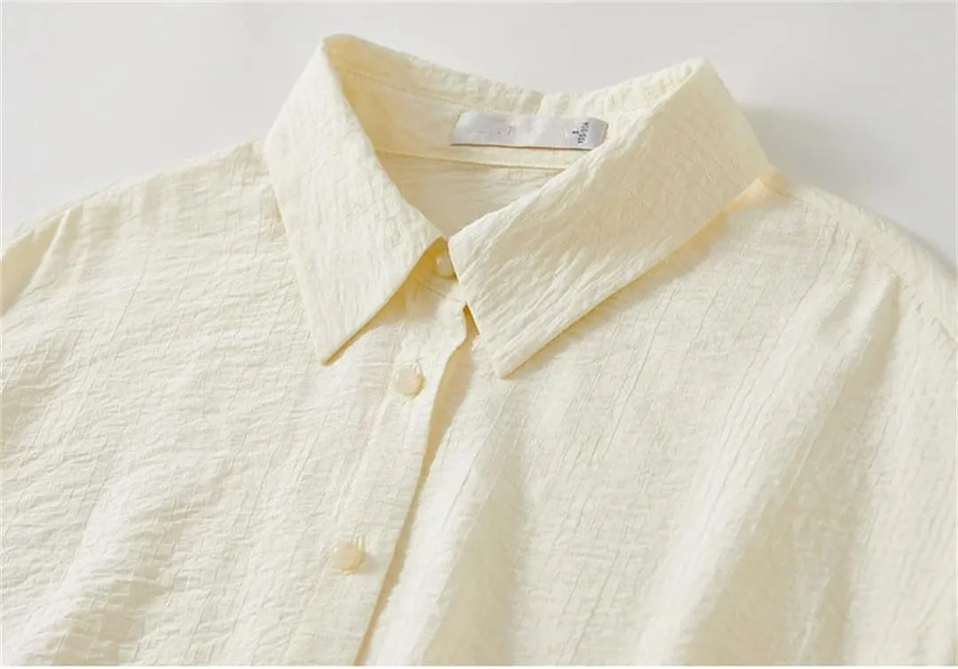 Women Solid Loose Fit Shirt Casual Turn Down Collar Long Sleeve Buttons Chic Short Style Top