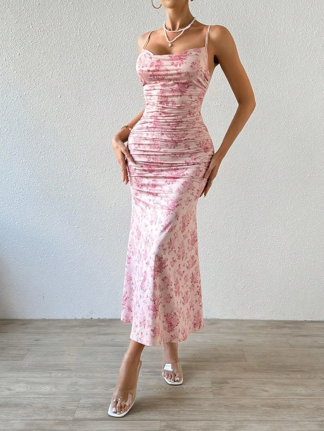Women's 2024 Summer Cami Slip Midi Long Dress ' Floral Print Hem Cami Dress