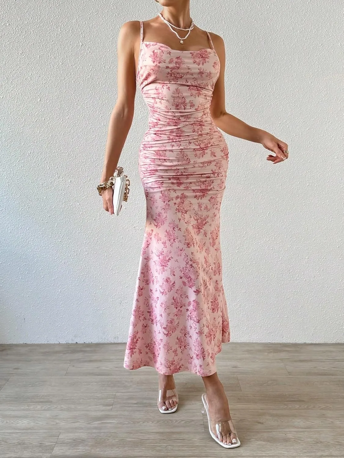 Women's 2024 Summer Cami Slip Midi Long Dress ' Floral Print Hem Cami Dress