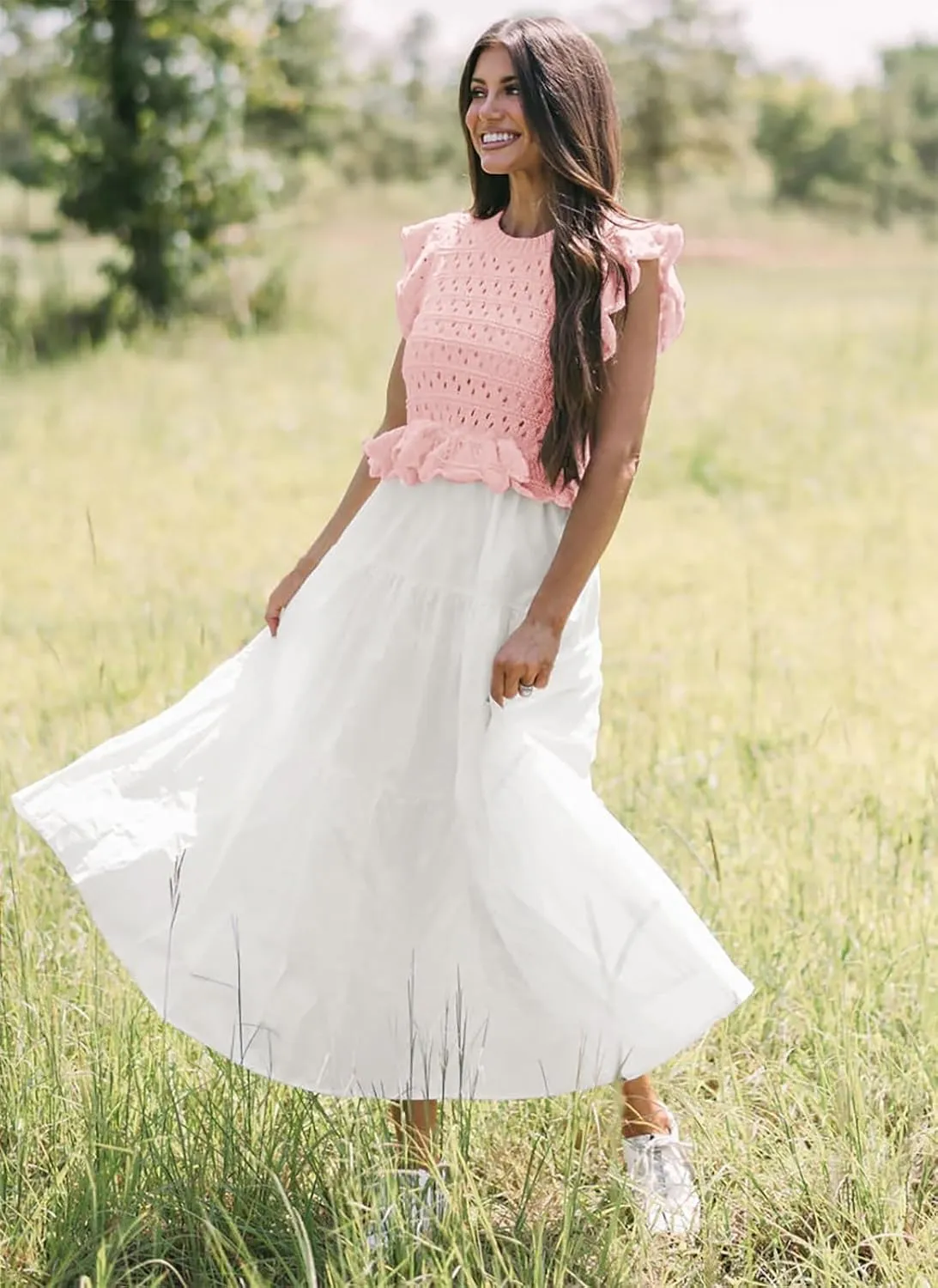 Women’s 2025 Summer Causal Ruffle Sleeve Crochet Knit Tops Long Dress for Ladies Fall Trendy Tiered Dress