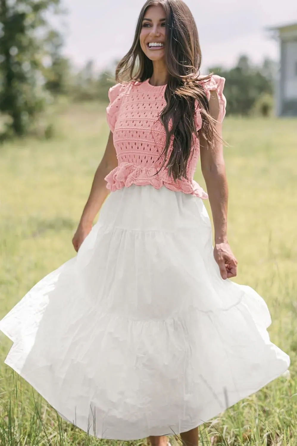 Women’s 2025 Summer Causal Ruffle Sleeve Crochet Knit Tops Long Dress for Ladies Fall Trendy Tiered Dress