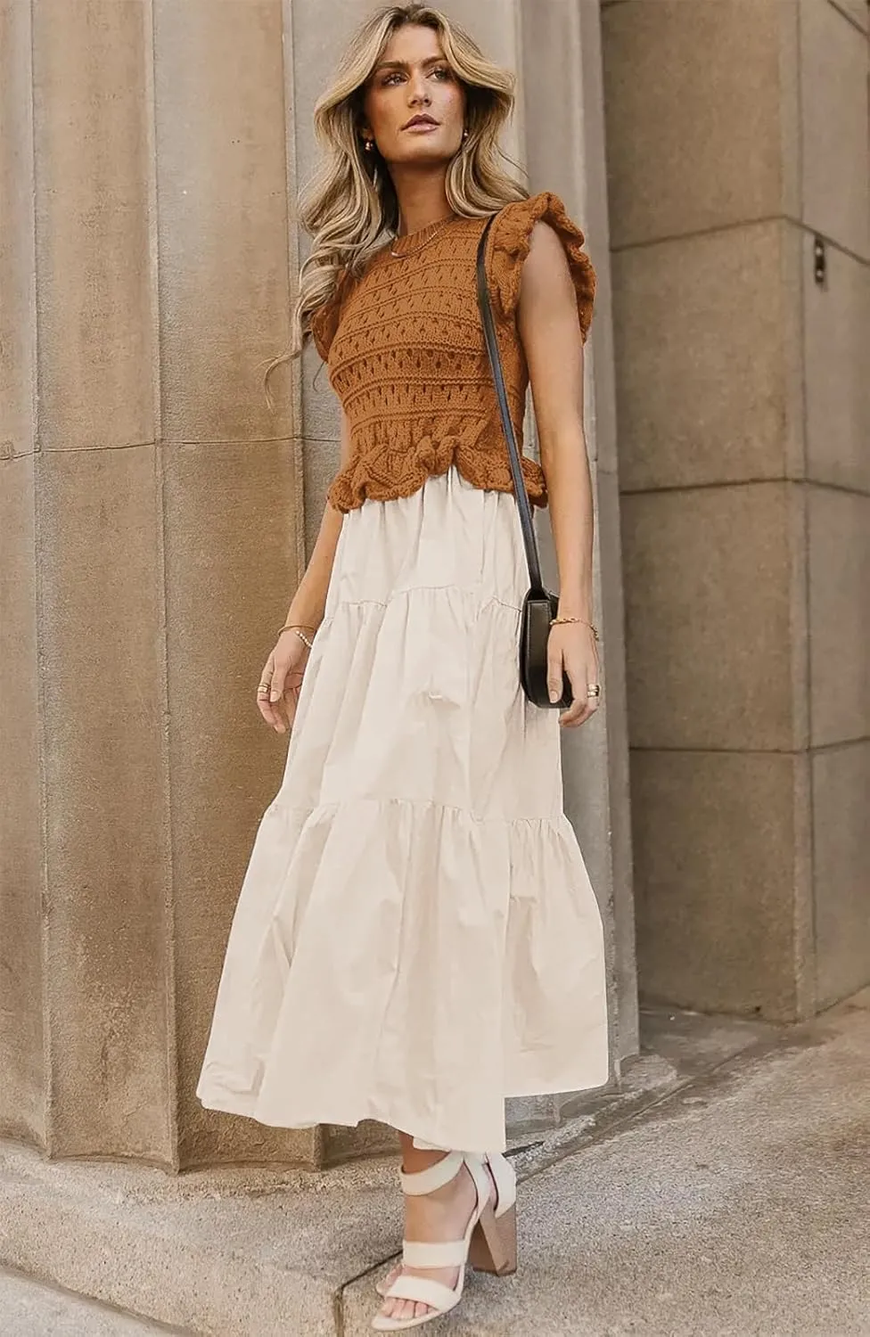 Women’s 2025 Summer Causal Ruffle Sleeve Crochet Knit Tops Long Dress for Ladies Fall Trendy Tiered Dress