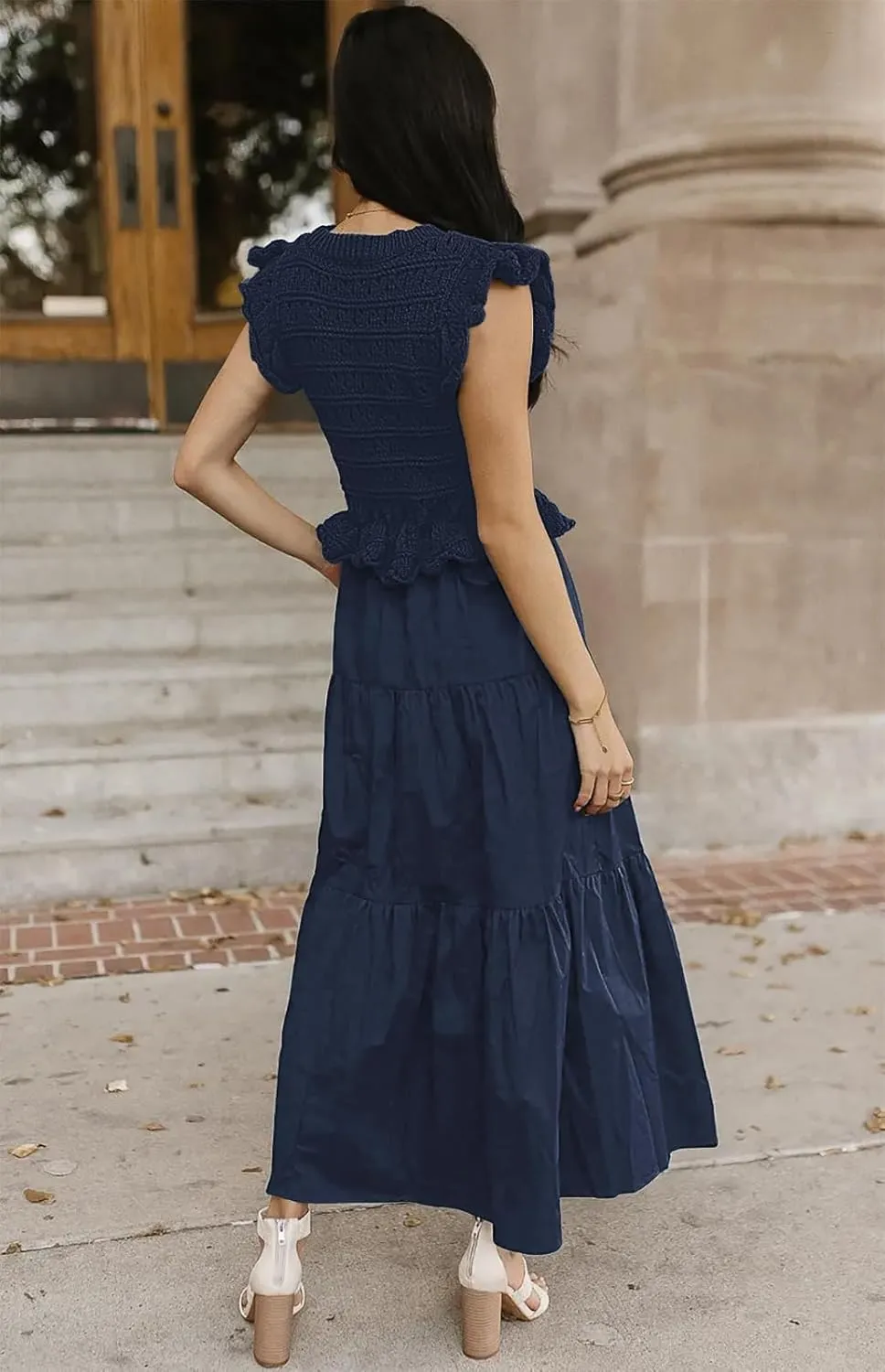 Women’s 2025 Summer Causal Ruffle Sleeve Crochet Knit Tops Long Dress for Ladies Fall Trendy Tiered Dress