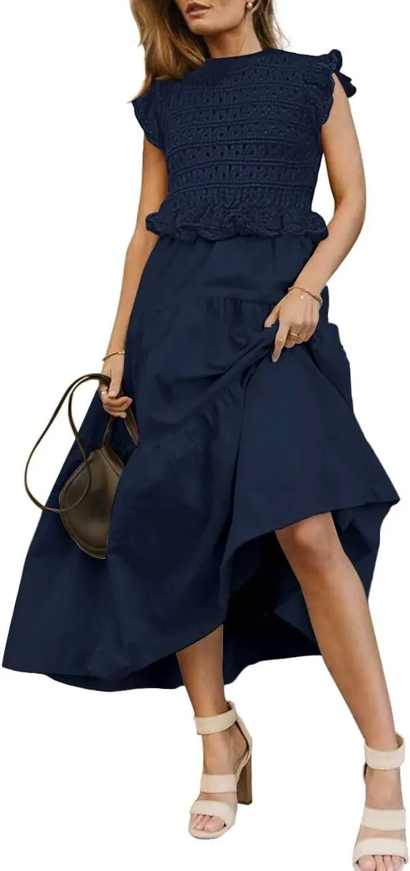 Women’s 2025 Summer Causal Ruffle Sleeve Crochet Knit Tops Long Dress for Ladies Fall Trendy Tiered Dress