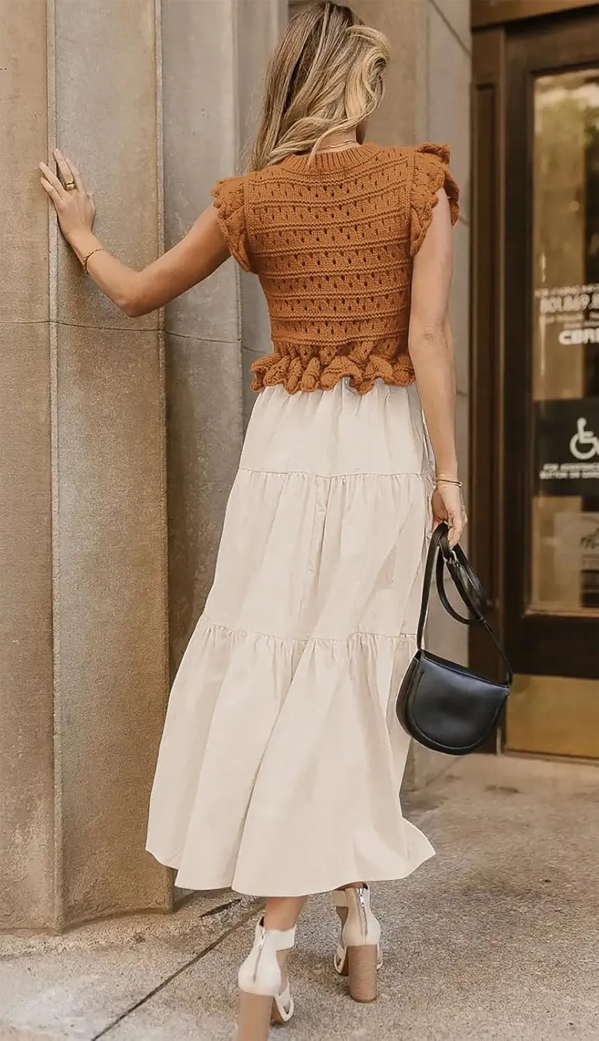 Women’s 2025 Summer Causal Ruffle Sleeve Crochet Knit Tops Long Dress for Ladies Fall Trendy Tiered Dress