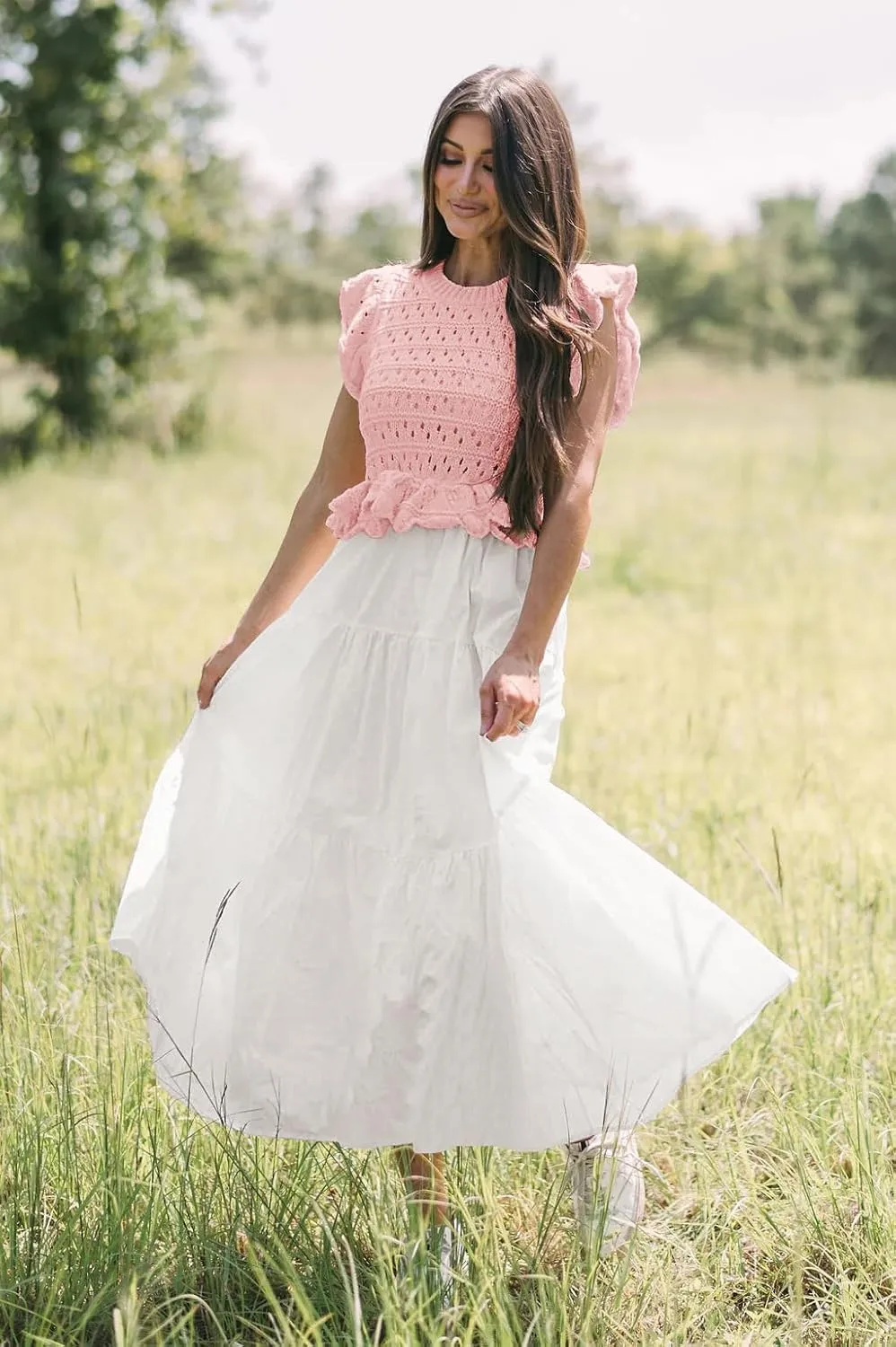 Women’s 2025 Summer Causal Ruffle Sleeve Crochet Knit Tops Long Dress for Ladies Fall Trendy Tiered Dress