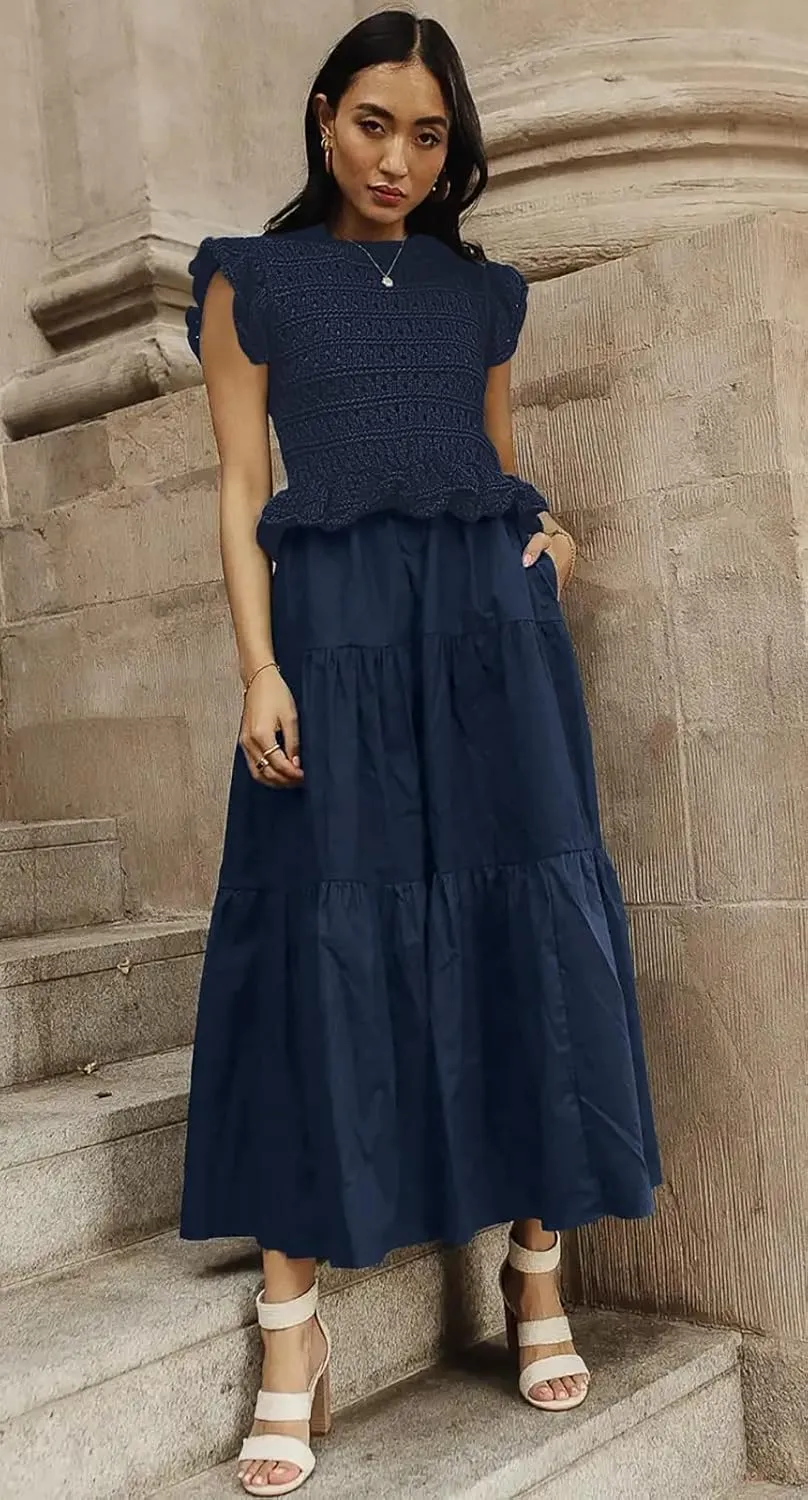 Women’s 2025 Summer Causal Ruffle Sleeve Crochet Knit Tops Long Dress for Ladies Fall Trendy Tiered Dress