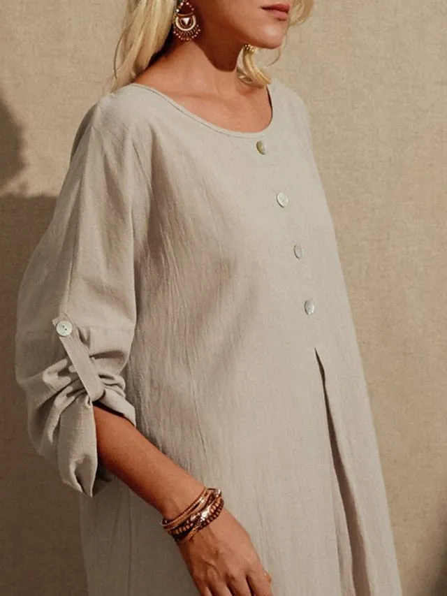Women's Casual Dress Cotton Linen Dress Shift Dress Maxi long Dress Linen / Cotton Blend Daily Casual Daily Outdoor Daily Date Crew Neck Button Long Sleeve Spring Fall Winter 2023 Loose Fit khaki