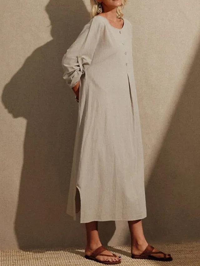 Women's Casual Dress Cotton Linen Dress Shift Dress Maxi long Dress Linen / Cotton Blend Daily Casual Daily Outdoor Daily Date Crew Neck Button Long Sleeve Spring Fall Winter 2023 Loose Fit khaki