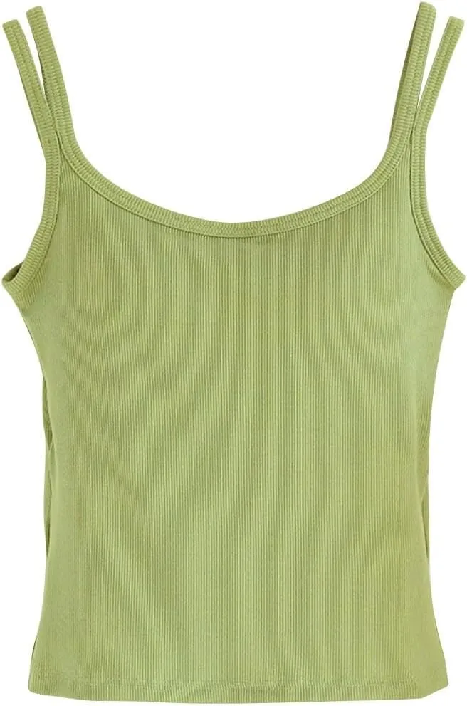 Womens Double Strap Cami Tops Padded Built in Bra Camisole Soft Slim Fit Stretchy Tank Lounge Basic Layer Wear