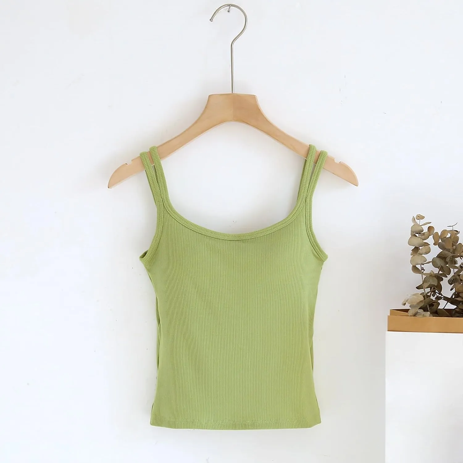 Womens Double Strap Cami Tops Padded Built in Bra Camisole Soft Slim Fit Stretchy Tank Lounge Basic Layer Wear