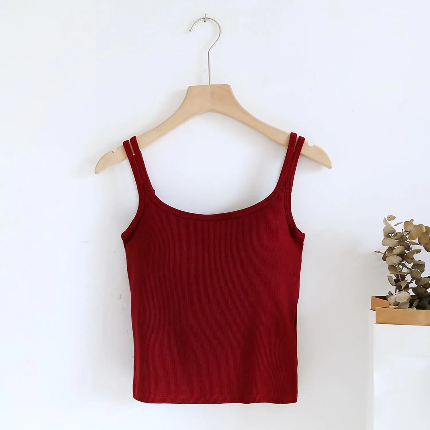 Womens Double Strap Cami Tops Padded Built in Bra Camisole Soft Slim Fit Stretchy Tank Lounge Basic Layer Wear