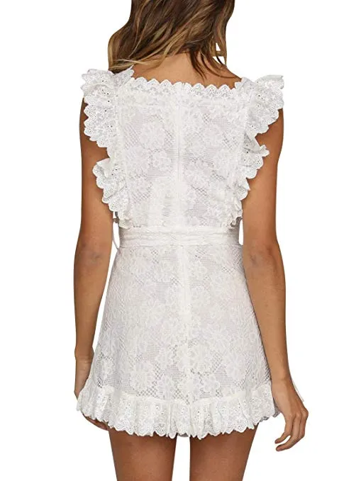 Women's Elegant Lace Ruffle Mini Dress Sleevesless Cotton A-line Dress