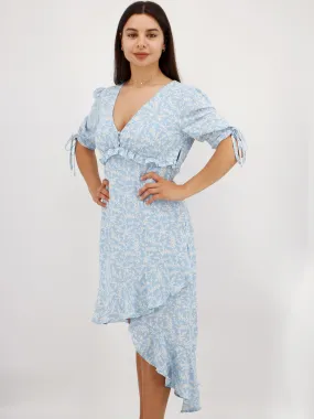 Women's Floral Printed Asymmetric Dress,Light Blue