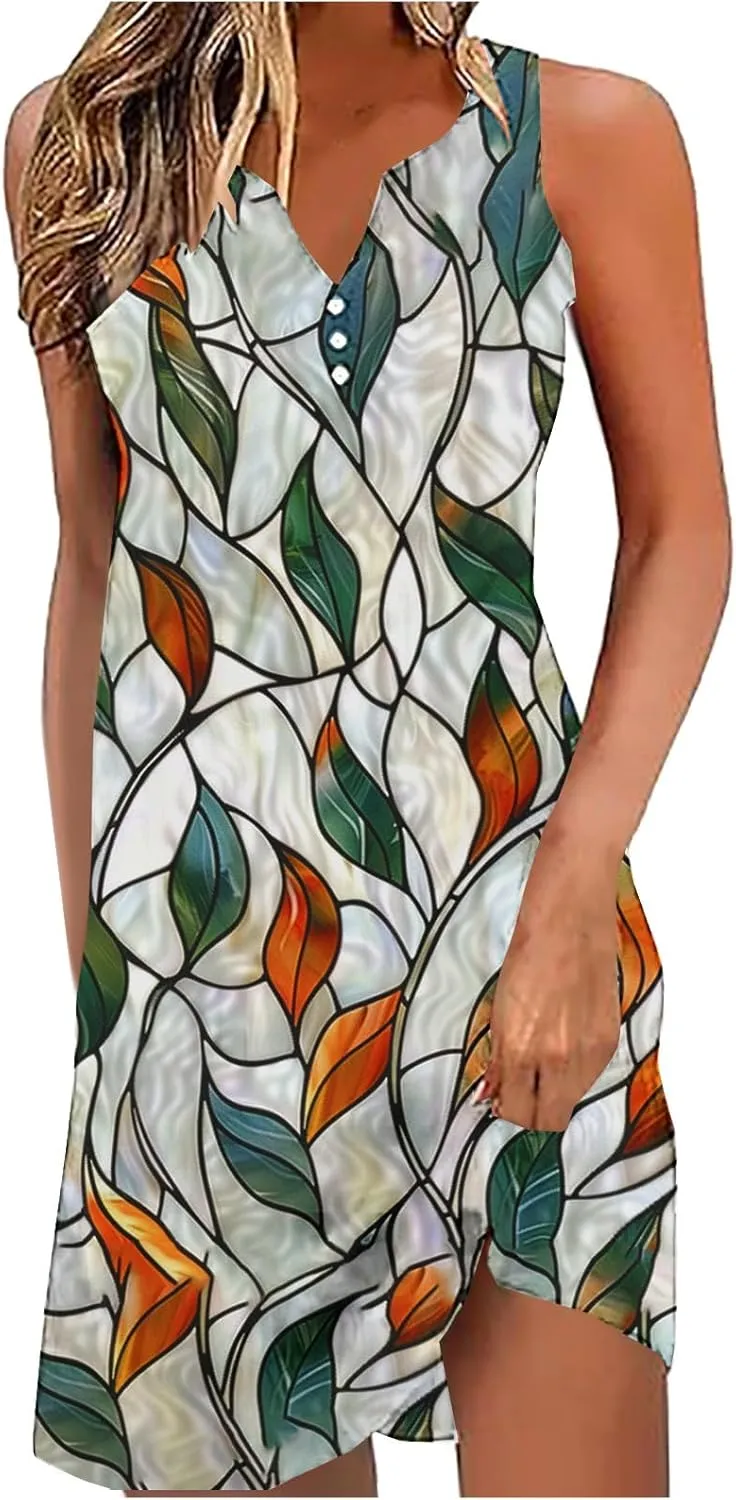 Womens Floral Short Sun Dress Sleeveless Beach Vacation Sundresses Trendy Casual Dresses Boho Clothing 2025