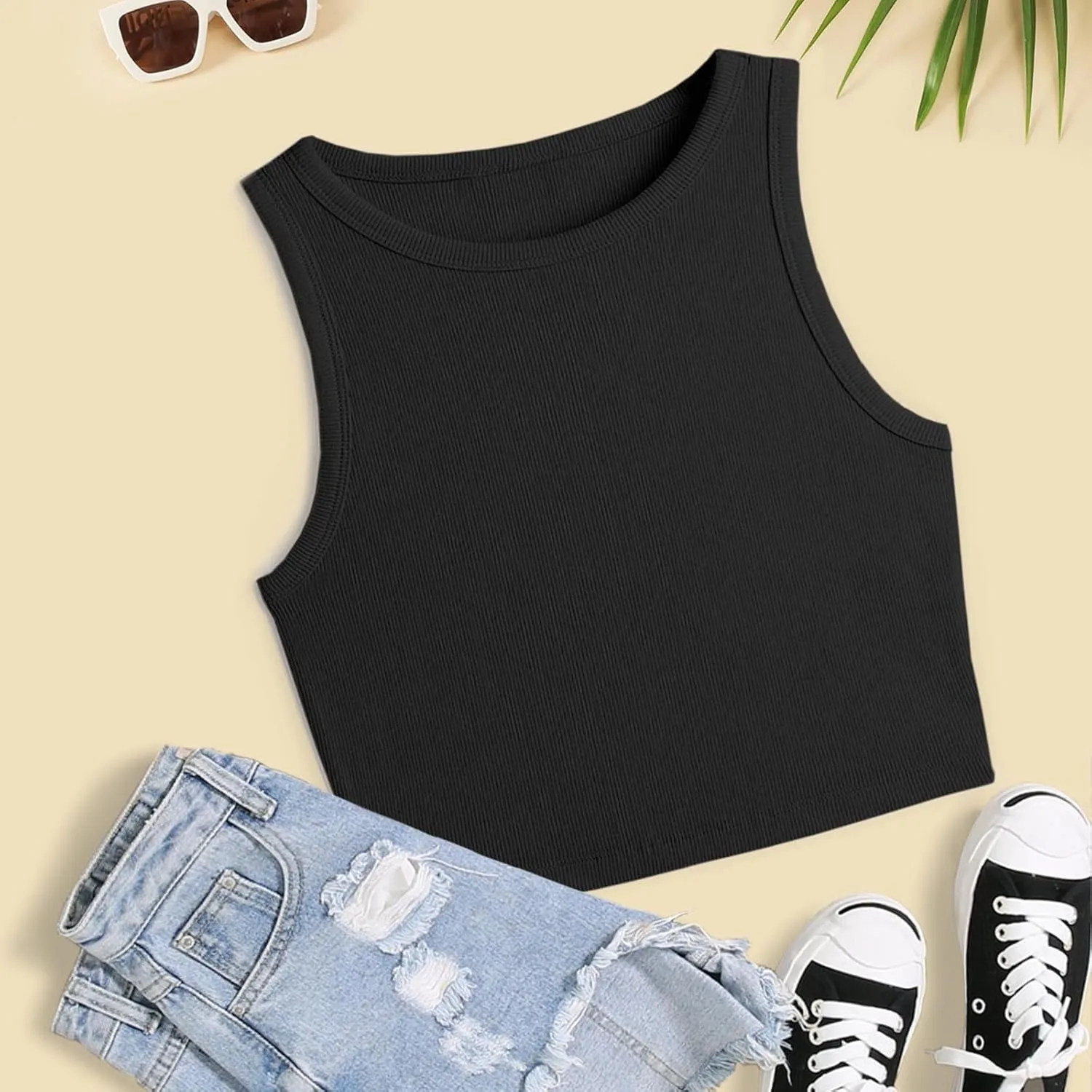 Women's Ribbed Knit Crop Racerback Tops, Fashion Elastic Slim Athletic Workout Tank Summer Sports Trendy Clothes