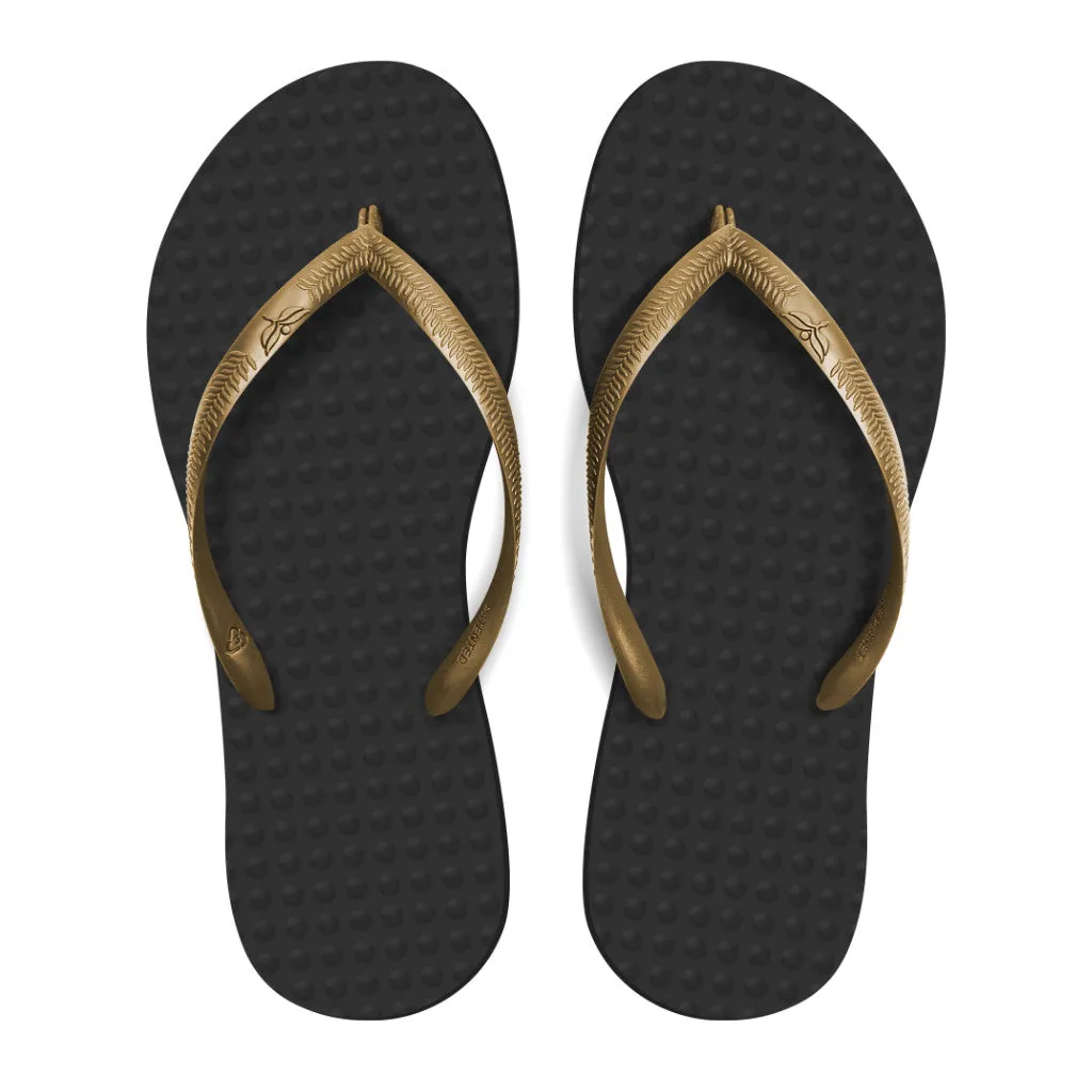 Women's Sustainable Flip Flops Recycled Black with Golden Straps